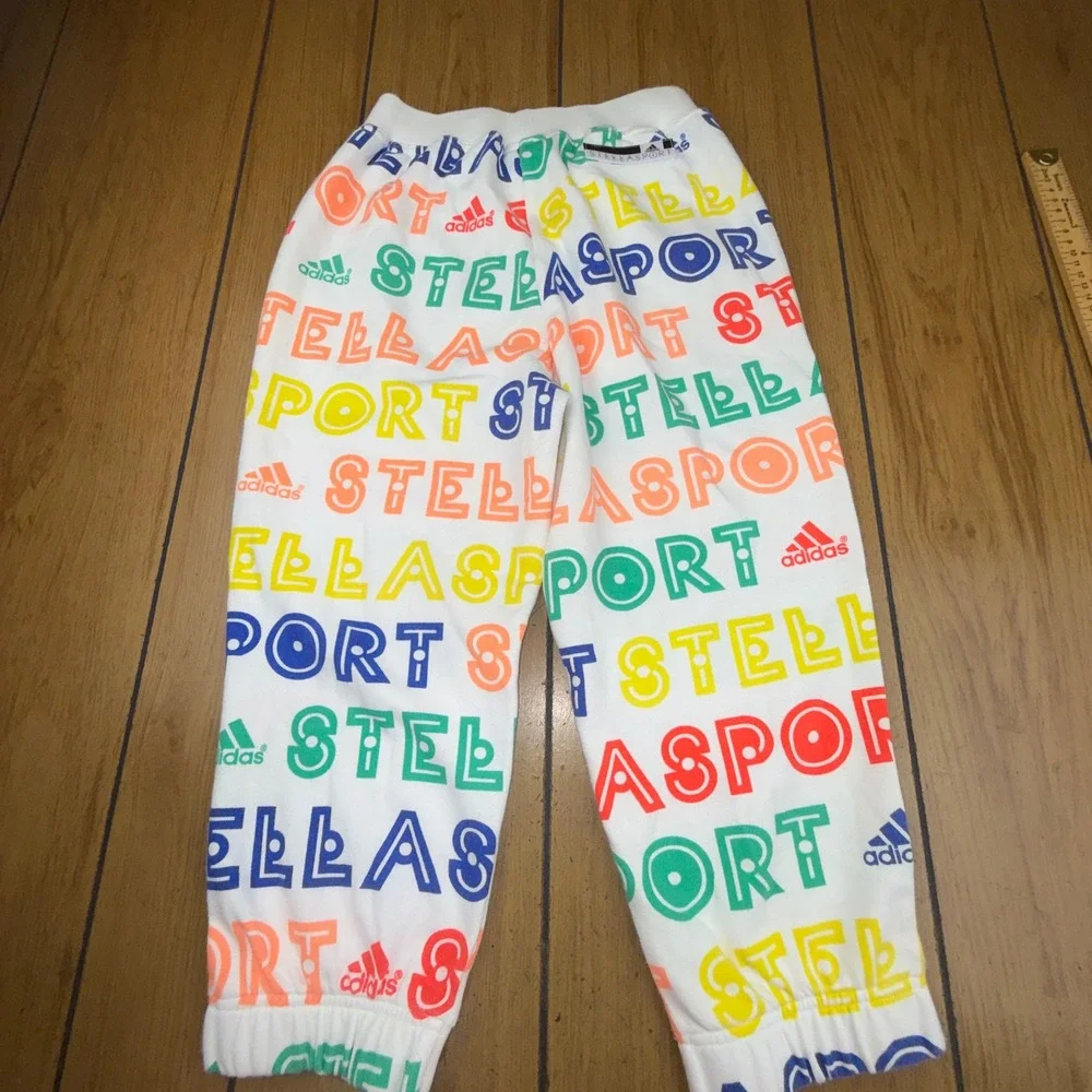 Adidas StellaSport Kids Joggers White Multicolor Logo Print Sweatpants AI8587 XS